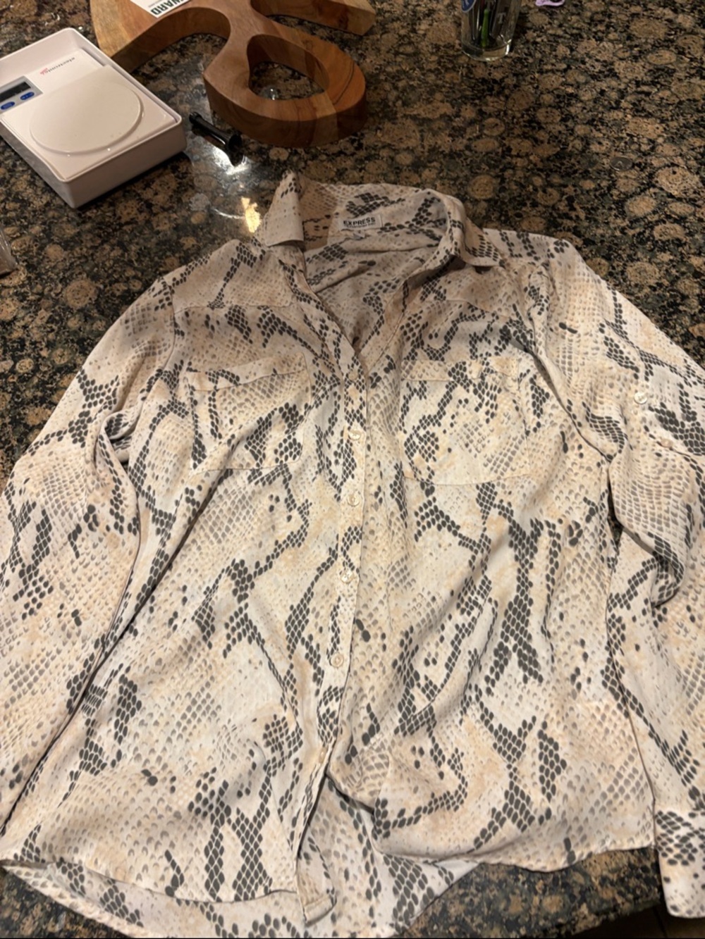 Express Women's Snake Print Button-Down Shirt in Cream and Black